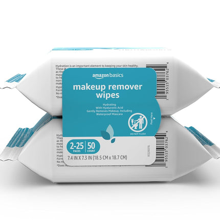 Makeup Remover Wipes, Formulated without Fragrance and Alcohol-Free, Gentle Cleansing, Removes Waterproof Mascara, Dermatologist Tested, 25 Count, Pack of 2