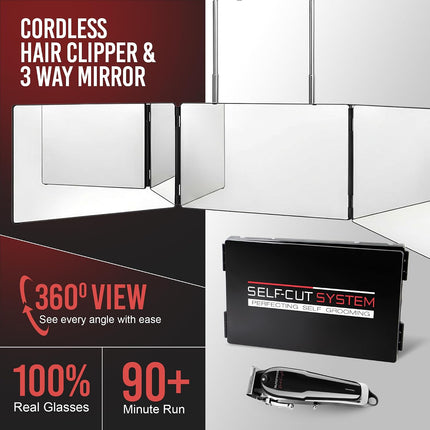 3 Way Mirror & Cordless Hair Clipper for Men – Adjustable Tri-Fold Barber Mirror with Hair Trimmer – Perfect for Self Haircuts, Travel, and Grooming Anywhere