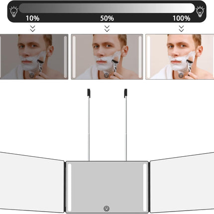 3 Way Mirror with LED for Hair Cutting, Tri-Fold Mirror for Shaver and Makeup, Adjustable Telescoping Hooks-With LED Version