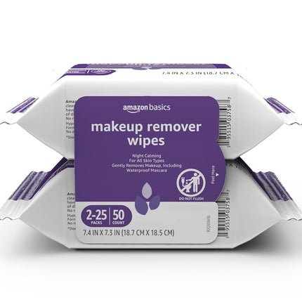 Makeup Remover Wipes, Formulated without Fragrance and Alcohol-Free, Gentle Cleansing, Removes Waterproof Mascara, Dermatologist Tested, 25 Count, Pack of 2