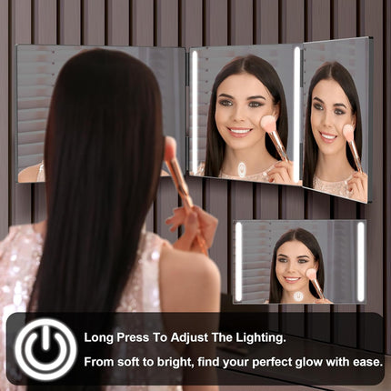 3 Way Mirror with LED for Hair Cutting, Tri-Fold Mirror for Shaver and Makeup, Adjustable Telescoping Hooks-With LED Version