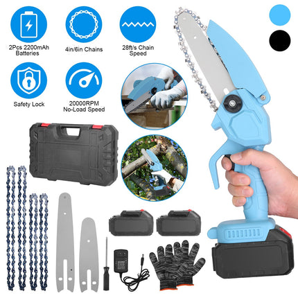 1Pc Electric Mini Chainsaw1Pc  Portable Handheld Cordless Small Chain Saw Battery Powered With 2Pcs 2200mAh Rechargeable Batteries 4in Or 6in Chains For Pruning Trees Wood Cutting
