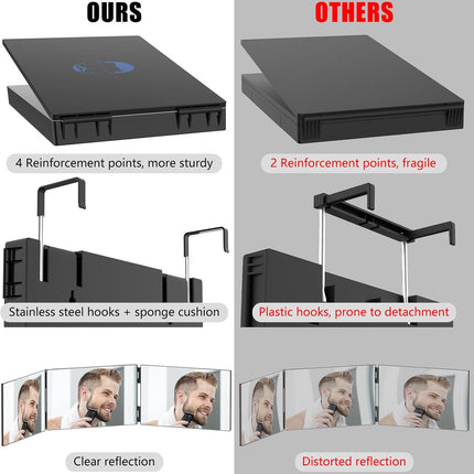 3 Way Mirror with LED for Hair Cutting, Tri-Fold Mirror for Shaver and Makeup, Adjustable Telescoping Hooks-With LED Version