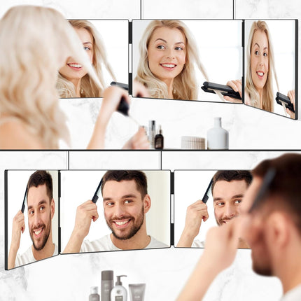 3 Way Mirror with LED for Hair Cutting, Tri-Fold Mirror for Shaver and Makeup, Adjustable Telescoping Hooks-With LED Version