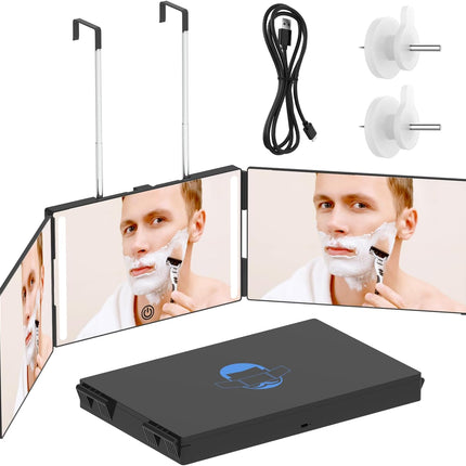 3 Way Mirror with LED for Hair Cutting, Tri-Fold Mirror for Shaver and Makeup, Adjustable Telescoping Hooks-With LED Version