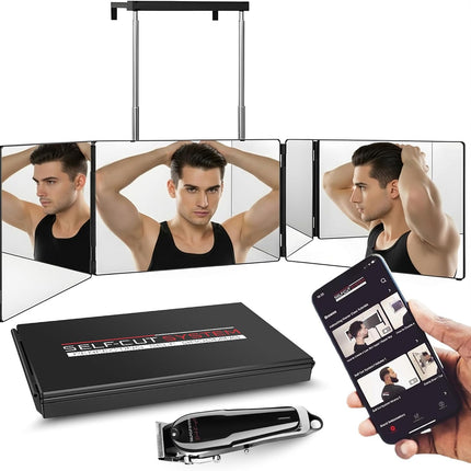 3 Way Mirror & Cordless Hair Clipper for Men – Adjustable Tri-Fold Barber Mirror with Hair Trimmer – Perfect for Self Haircuts, Travel, and Grooming Anywhere