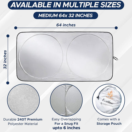Car Windshield Sunshade | Blocks 99% Heat & Keeps Interior Cool | Universal Fits Cars, Suvs, Trucks | Automotive Sun Screen, Visor & Car Accessories for Summer | Medium (64X32 Inches)