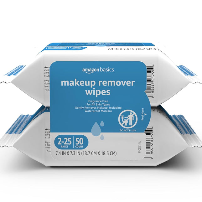 Makeup Remover Wipes, Formulated without Fragrance and Alcohol-Free, Gentle Cleansing, Removes Waterproof Mascara, Dermatologist Tested, 25 Count, Pack of 2