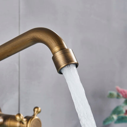 Antique Brass Kitchen Faucet Hot And Cold Water Mixer Faucets Wall Mounted Tap Vessel Sink Mixer Tap Swivel Spout Basin Mixer