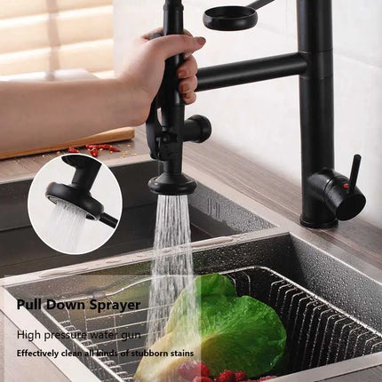 Deck Mounted Spring Pull Down Kitchen Faucet Swivel Handheld Sprayer Dual Spout Mixer Tap Kitchen Mixer Crane Cold Hot Water Tap