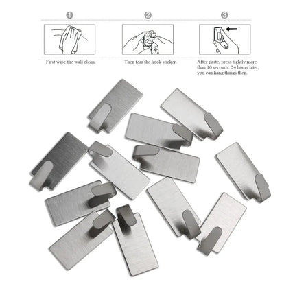 12pcs Strong Self Adhesive Stainless Steel Towel Mop Hooks Hat Hangers For Hanging Kitchen Bedroom Bathroom