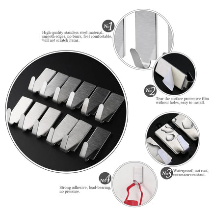 12pcs Strong Self Adhesive Stainless Steel Towel Mop Hooks Hat Hangers For Hanging Kitchen Bedroom Bathroom