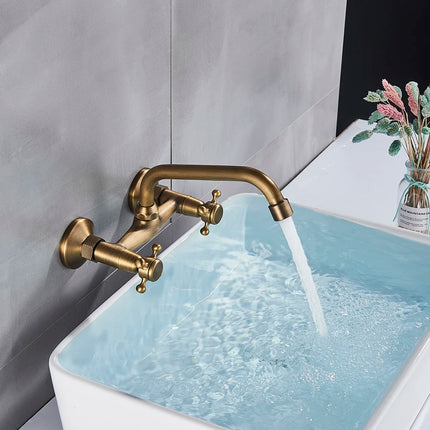 Antique Brass Kitchen Faucet Hot And Cold Water Mixer Faucets Wall Mounted Tap Vessel Sink Mixer Tap Swivel Spout Basin Mixer