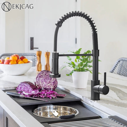 Nekjcag Matte Black Kitchen Sink Faucet 360 Degree Rotation Spring Hot and Cold Water MixerTap Deck Mounted Kitchen Crane