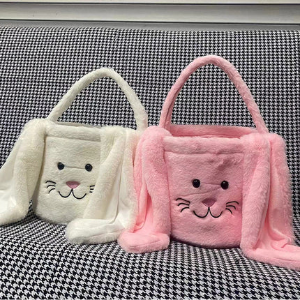 Cesta longa de orelha de coelho de pelúcia de páscoa com alça, balde de armazenamento de brinquedos de doces de pelúcia macia