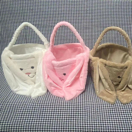 Cesta longa de orelha de coelho de pelúcia de páscoa com alça, balde de armazenamento de brinquedos de doces de pelúcia macia
