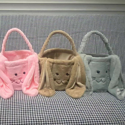 Cesta longa de orelha de coelho de pelúcia de páscoa com alça, balde de armazenamento de brinquedos de doces de pelúcia macia