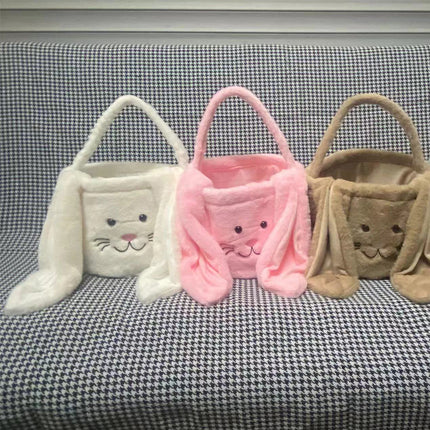 Cesta longa de orelha de coelho de pelúcia de páscoa com alça, balde de armazenamento de brinquedos de doces de pelúcia macia