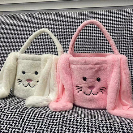 Cesta longa de orelha de coelho de pelúcia de páscoa com alça, balde de armazenamento de brinquedos de doces de pelúcia macia