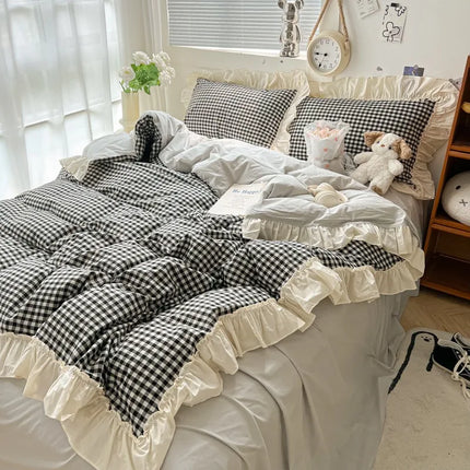 Ruffled Pink Blue Duvet Cover Set Twin Queen Washed Microfiber Ultra Soft Bedding set Grid Duvet Cover Bed Sheet 2 Pillowcases
