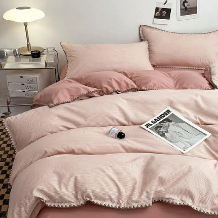 Ins Style Double Striped Bed 3-4 Pces Solid Washed Cotton Bedding with Sheets Pillowcases Skin Friendly Breathable Duvet Cover