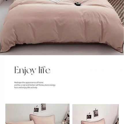 Ins Style Double Striped Bed 3-4 Pces Solid Washed Cotton Bedding with Sheets Pillowcases Skin Friendly Breathable Duvet Cover