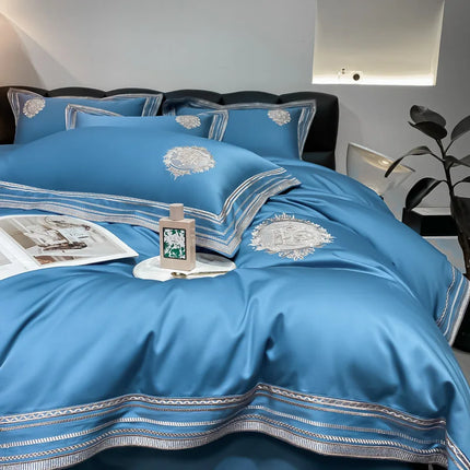 Stripe Embroidery Bedding Sets Luxury Egyptian Cotton Duvet Cover Fitted Bed Sheet Pillowcases Solid Color Mattress Cover