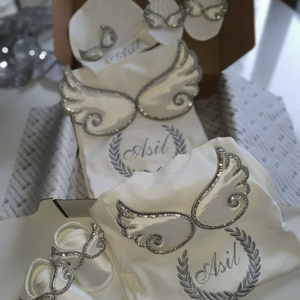 Dollbling Hospital Exit 5pcs Embroidery Name Newborn Angle Wings Romper Blanket  Nursery Bedding Swaddle Handmade Infant Outfit