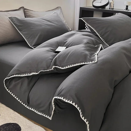 Ins Style Double Striped Bed 3-4 Pces Solid Washed Cotton Bedding with Sheets Pillowcases Skin Friendly Breathable Duvet Cover