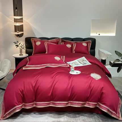 Stripe Embroidery Bedding Sets Luxury Egyptian Cotton Duvet Cover Fitted Bed Sheet Pillowcases Solid Color Mattress Cover