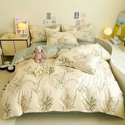 Cream Floral Bedding Set No Filler Breathable Green Ins Double Queen Size Comforter Duvet Cover Flat Sheet Pillowcase Bed Linens