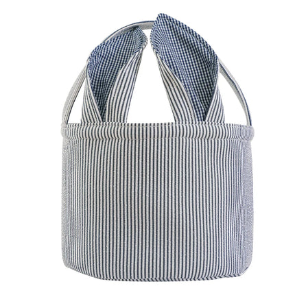 Seersucker Easter Basket With Bunny Ears Fully Plaid Lined Striped Egg Hunt Candy Gift Bag For Kids For Easter Decoration Candy