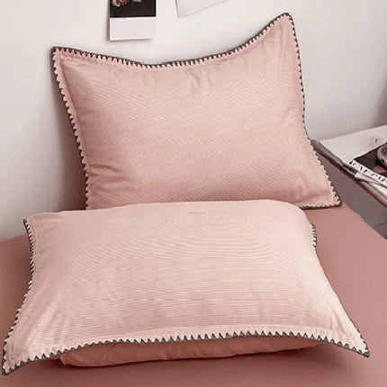 Ins Style Double Striped Bed 3-4 Pces Solid Washed Cotton Bedding with Sheets Pillowcases Skin Friendly Breathable Duvet Cover