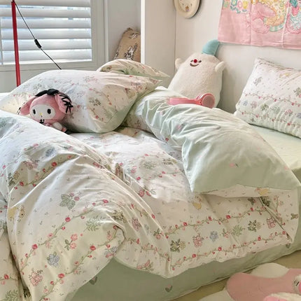Cream Floral Bedding Set No Filler Breathable Green Ins Double Queen Size Comforter Duvet Cover Flat Sheet Pillowcase Bed Linens