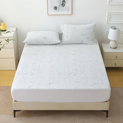 1Pc Cooling Bamboo Fiber Mattress Protector -Waterproof & Ultra-Soft Knit, Breathable Fitted Sheet with Blue Leaf Design