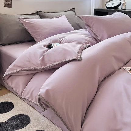 Ins Style Double Striped Bed 3-4 Pces Solid Washed Cotton Bedding with Sheets Pillowcases Skin Friendly Breathable Duvet Cover