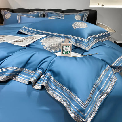 Stripe Embroidery Bedding Sets Luxury Egyptian Cotton Duvet Cover Fitted Bed Sheet Pillowcases Solid Color Mattress Cover