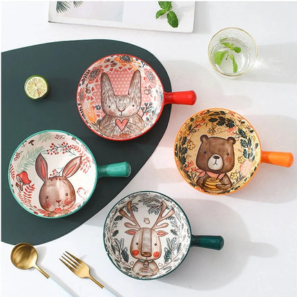 Ceramic Bakeware With Handle Forest Animals Baking Pan  Underglaze  Kitchen Tableware Salad Bowl Au Gratin Dishes