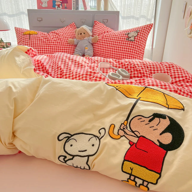Cartoon embroidery Bedding set Plaid Duvet cover 100% Washed cotton 4pcs Bedding for Winter with Sheet Pillowcases Home Textiles