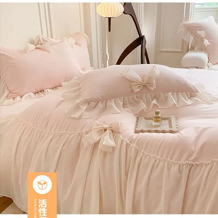 French Princess Style Bedding Sets Ruffle Lace Bow Quilt Cover Romantic Bedclothes Decor Woman Girls Bedroom Duvet Cover 4pcs