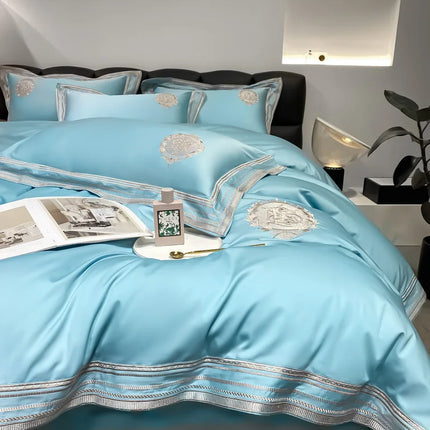 Stripe Embroidery Bedding Sets Luxury Egyptian Cotton Duvet Cover Fitted Bed Sheet Pillowcases Solid Color Mattress Cover