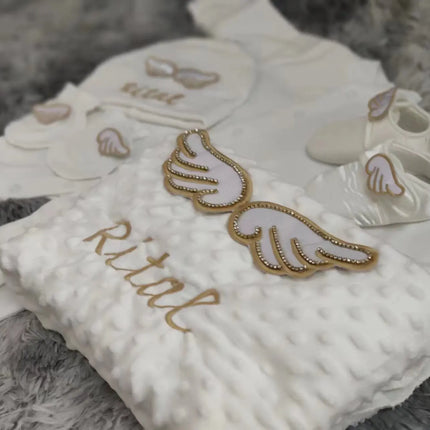 Dollbling Hospital Exit 5pcs Embroidery Name Newborn Angle Wings Romper Blanket  Nursery Bedding Swaddle Handmade Infant Outfit