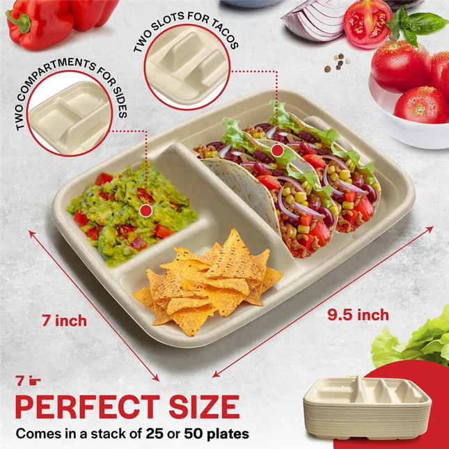 HLZS-Disposable Taco Plates Compostable Paper Plates With Dividers For Taco Tuesday Taco Bar Supplies