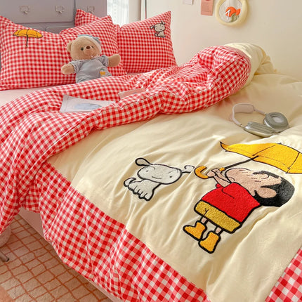 Cartoon embroidery Bedding set Plaid Duvet cover 100% Washed cotton 4pcs Bedding for Winter with Sheet Pillowcases Home Textiles