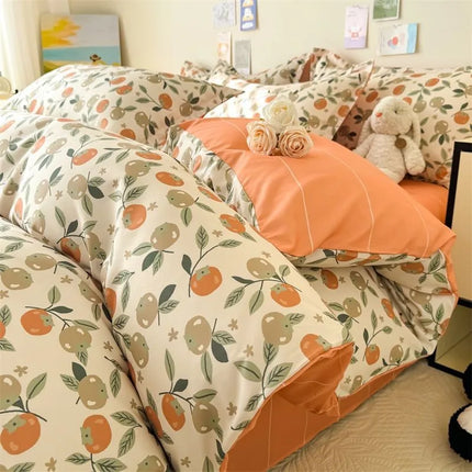 Cream Floral Bedding Set No Filler Breathable Green Ins Double Queen Size Comforter Duvet Cover Flat Sheet Pillowcase Bed Linens