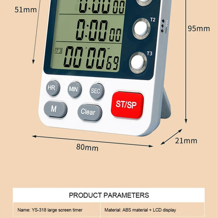 Digital Kitchen Timer 3 Channels Count UP/Down Timer 3 Levels Volume Alarm Clock  LCD Display Mute Flashing Timer for Studying