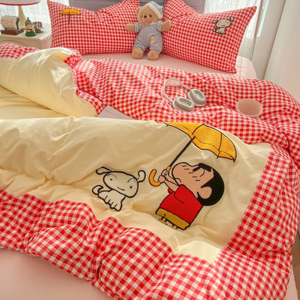 Cartoon embroidery Bedding set Plaid Duvet cover 100% Washed cotton 4pcs Bedding for Winter with Sheet Pillowcases Home Textiles