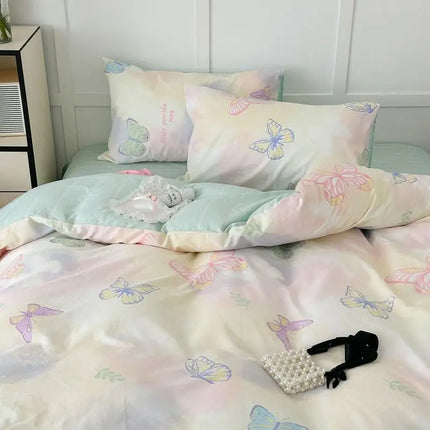 Cream Floral Bedding Set No Filler Breathable Green Ins Double Queen Size Comforter Duvet Cover Flat Sheet Pillowcase Bed Linens