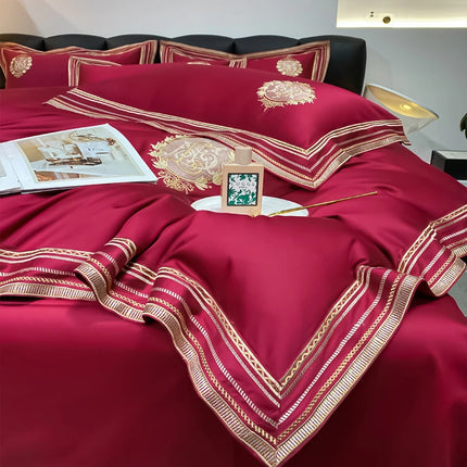 Stripe Embroidery Bedding Sets Luxury Egyptian Cotton Duvet Cover Fitted Bed Sheet Pillowcases Solid Color Mattress Cover