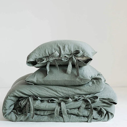 Simple&Opulence 100% Linen 3Pcs Bedding Set  Natural Flax Breathable King Size with Coconut Button Comforter Duvet Cover Set